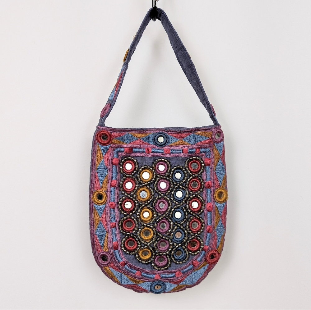 Silk Purse Beaded Mirrored Embroidered Multicolor Fabric Boho Mixed Media Bag